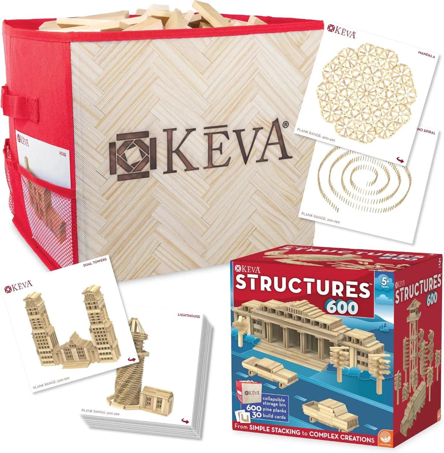 MindWare KEVA Structures 600 Plank Wooden Building Blocks Set, Includes 600 Pine KEVA Planks, 30 Idea Cards and Collapsible Storage Bin