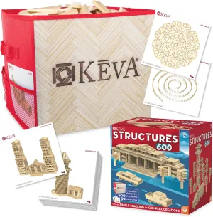 MindWare KEVA Structures 600 Plank Wooden Building Blocks Set, Includes 600 Pine KEVA Planks, 30 Idea Cards and Collapsible Storage Bin