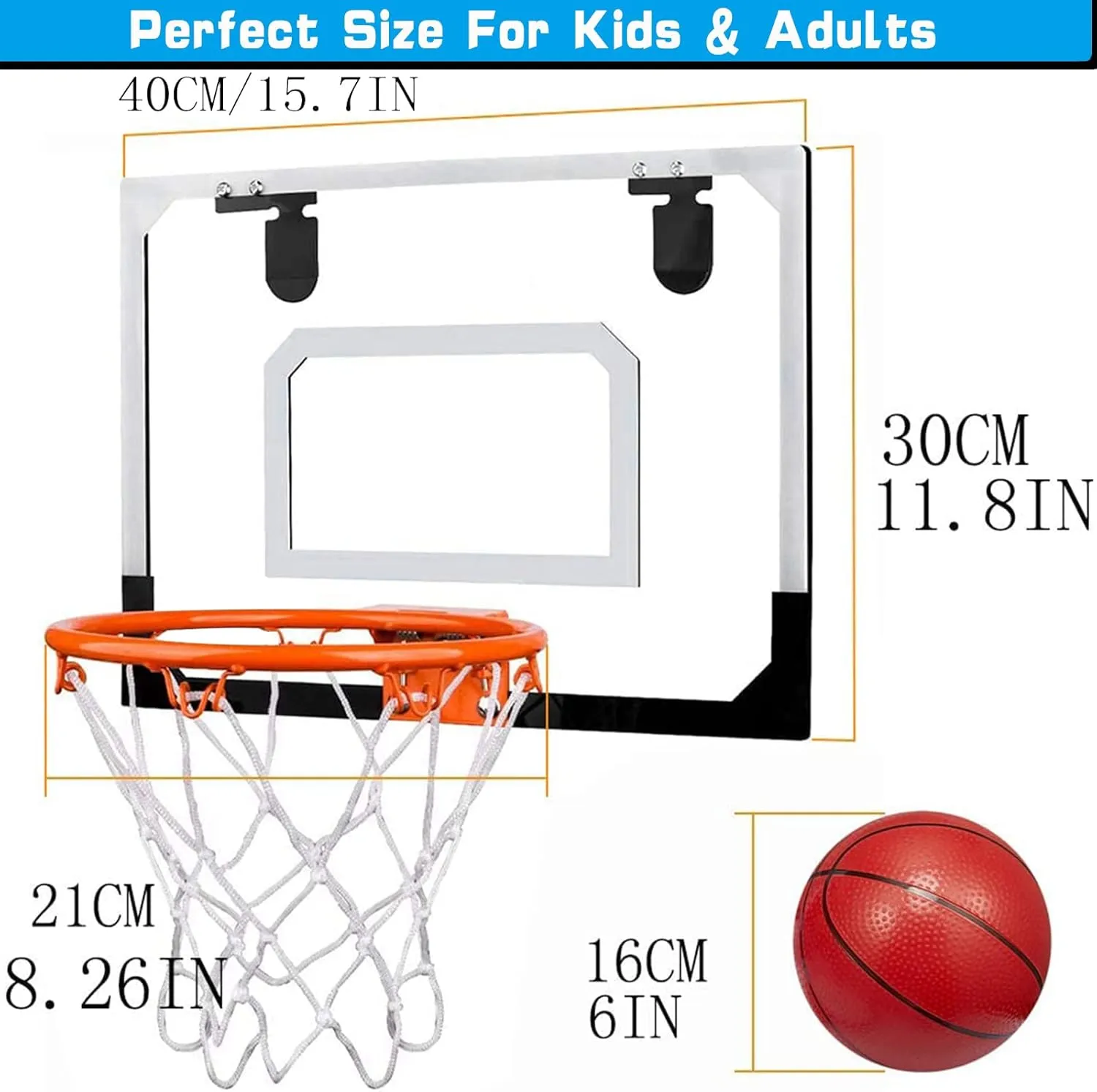 Mini Basketball Hoop Set for Kids Adults, Indoor Play Wall Mount Basketball Hoop for Door with 4 Small Replacement Toddler Basketballs, ABS Backboard Metal Rim Goal Sport Gifts for Pool Game Fun