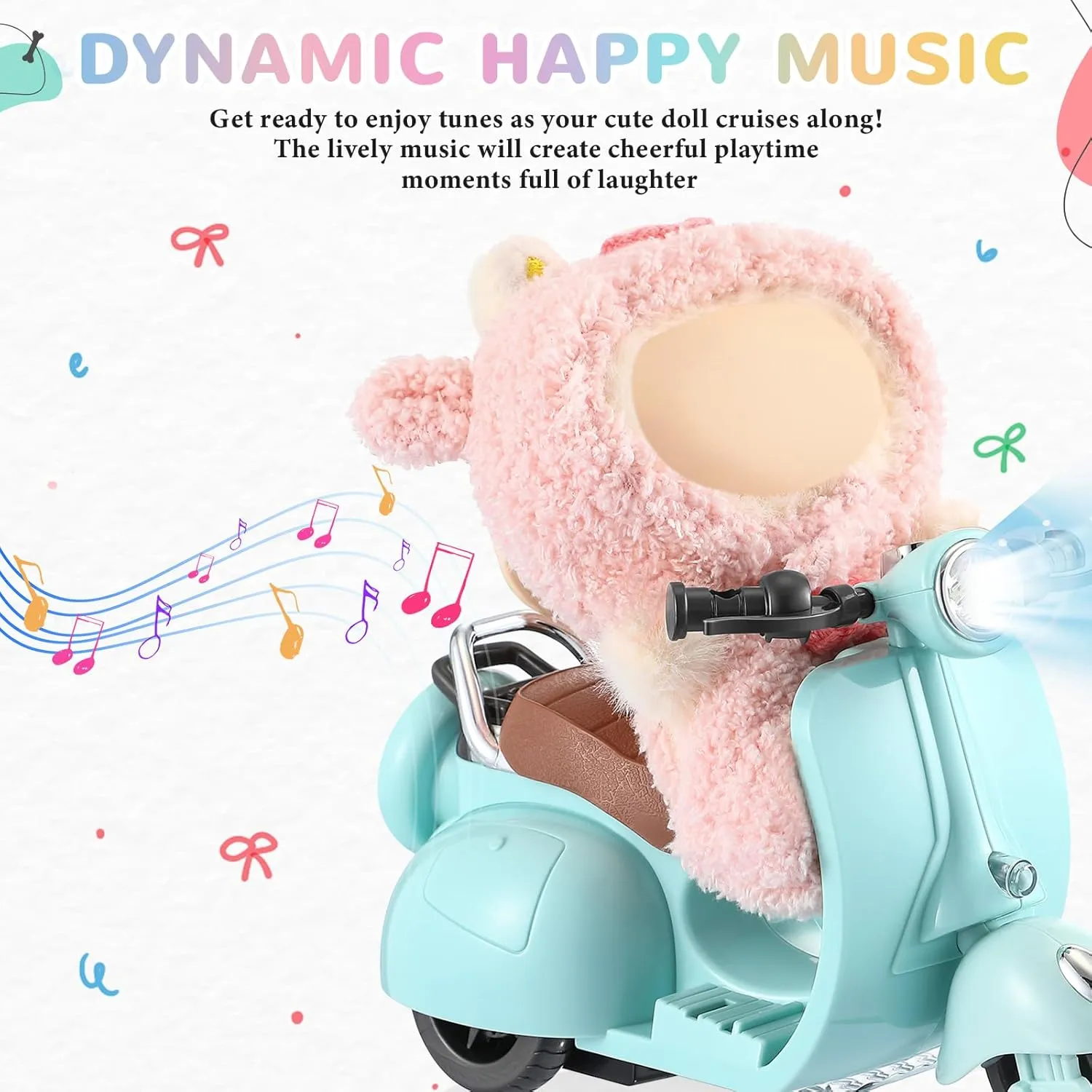 Mini Electric Doll Scooter Vehicles Toy 4 Colors Available Funny Doll Accessory with Music & Lights Could Rotate 360° Cute Plastic Scooter Toy Ornaments Battery Not Included(Blue)