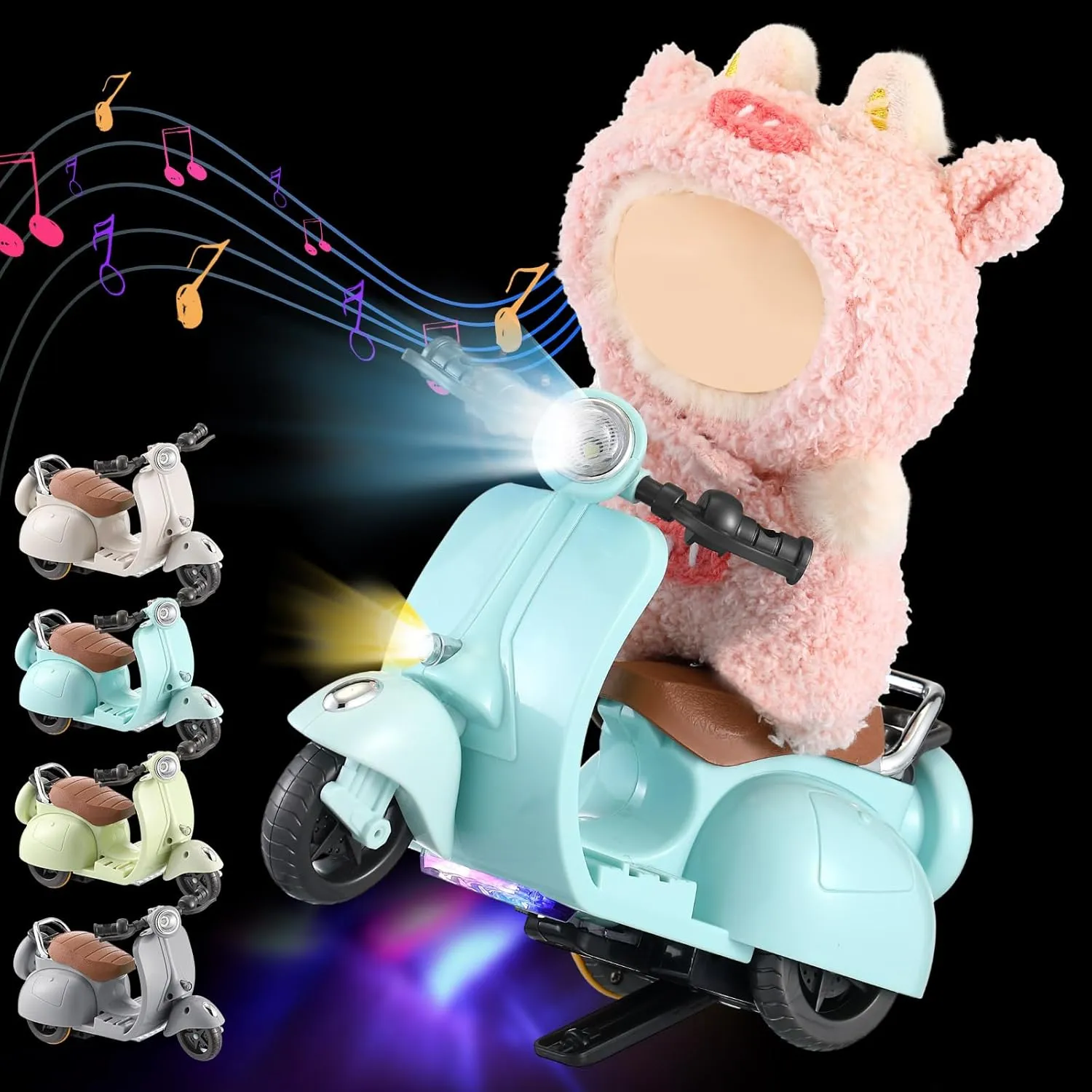 Mini Electric Doll Scooter Vehicles Toy 4 Colors Available Funny Doll Accessory with Music & Lights Could Rotate 360° Cute Plastic Scooter Toy Ornaments Battery Not Included(Blue)