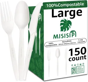 MISISIPI 150Pcs 100% Compostable Utensils Cutlery Biodegradable HeavyDuty No Plastic Utensils Silverware Cutlery Set Eco-Friendly Heavyweight Disposable Utensils Cutlery for Party BBQ Picnic Birthday