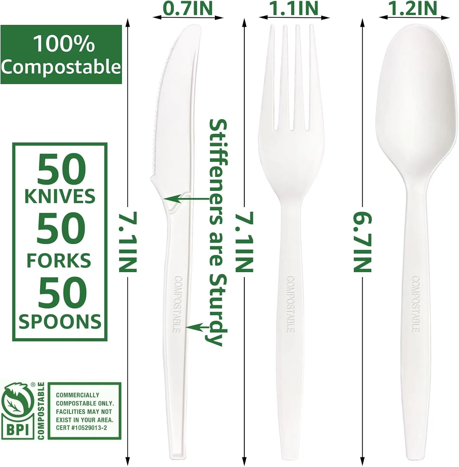MISISIPI 150Pcs 100% Compostable Utensils Cutlery Biodegradable HeavyDuty No Plastic Utensils Silverware Cutlery Set Eco-Friendly Heavyweight Disposable Utensils Cutlery for Party BBQ Picnic Birthday