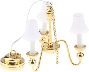 misppro Dolls House Dollhouse Battery Chandelier Lamp - 1/12 Miniature Victorian Ceiling Light with White Metal Shade, LED Battery-Powered for Dollhouse Decor
