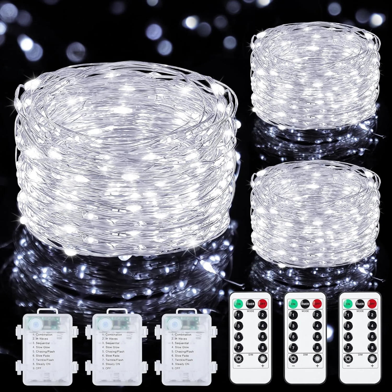 Mlambert 3 Pack 33FT Fairy Lights Battery Operated with Remote and Timer, Dimmable Waterproof 8 Modes Lights for Classroom Christmas Party-Cool White