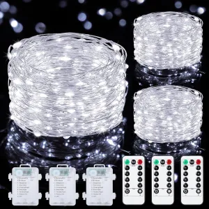 Mlambert 3 Pack 33FT Fairy Lights Battery Operated with Remote and Timer, Dimmable Waterproof 8 Modes Lights for Classroom Christmas Party-Cool White