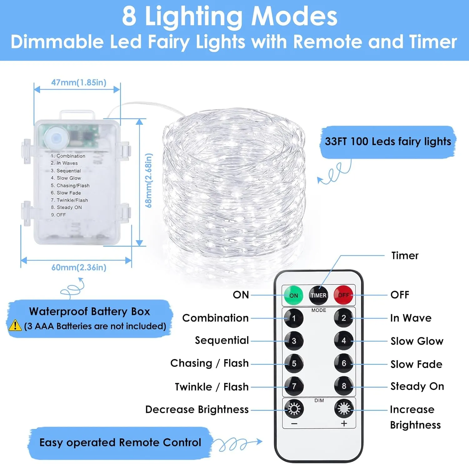 Mlambert 6 Pack 33FT Fairy Lights Battery Operated with Remote and Timer, Waterproof Dimmable 8 Modes Lights for Classroom Backyard Party-Cool White
