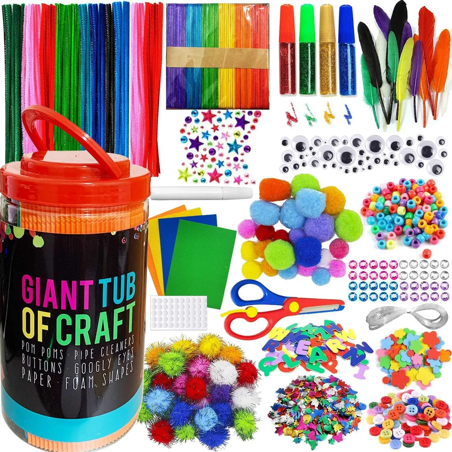 MOISO Kids Crafts and Art Supplies Jar Kit - 550  Piece Set - Plus Glitter Glue, Construction Paper, Colored Popsicle Sticks, Eyes, Pipe Cleaners