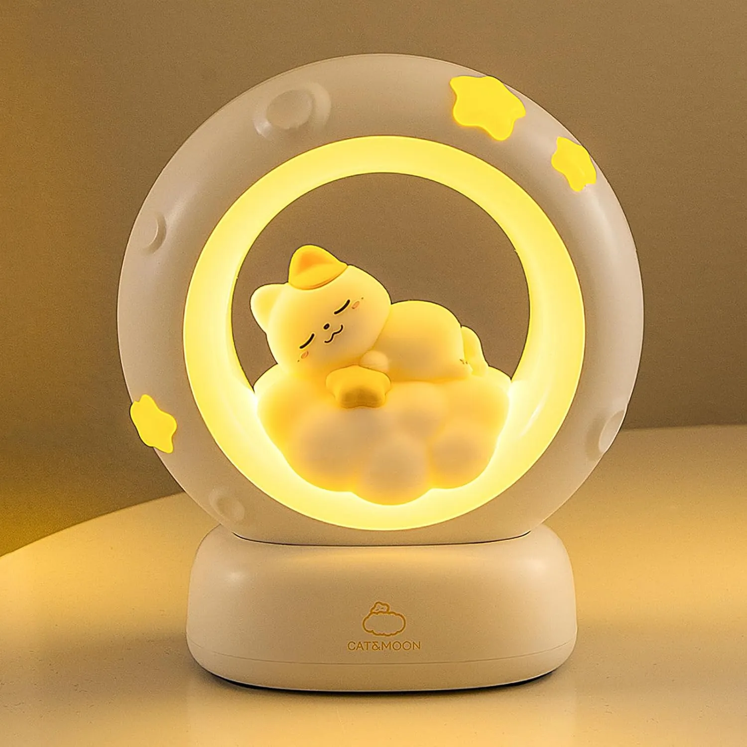 Moon and Cat Rechargeable Night Light, Safe PVC and ABS Material, 3 Brightness Levels, Tap Control, Warm Light, Toddler Sleeping Lamp, Bedroom Night Lamp, Gift for Baby and Kid (Moon and Cat)
