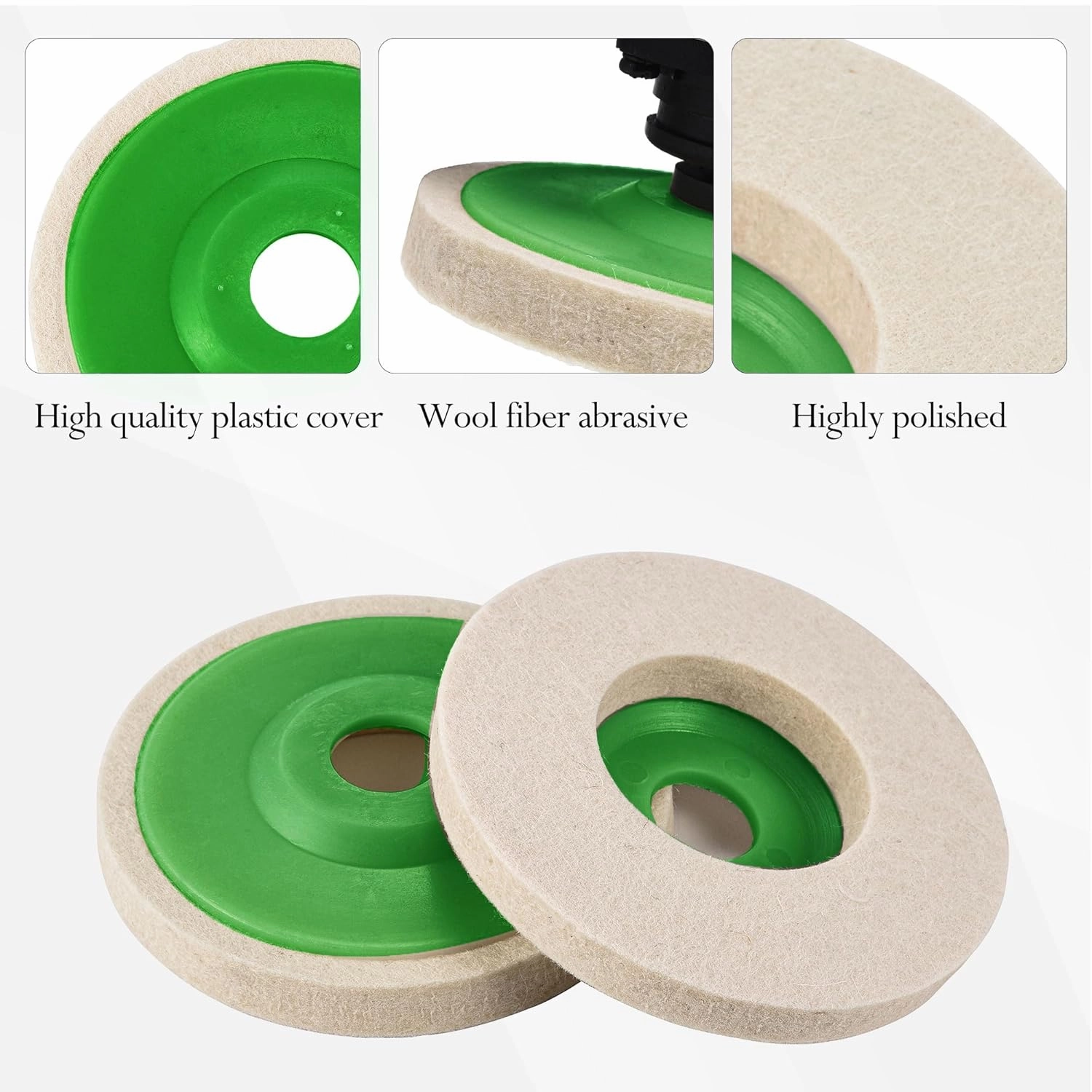 Mornajina 10 Packs 4.5" x 7/8" Round Wool Polishing Wheel Disc Kit for Angle Grinder 7/8" (Model 115/125), Buffing Wheel Disc for Metal, Marble, Furniture, Car Wax, Granite (12mm Thickness, Green)