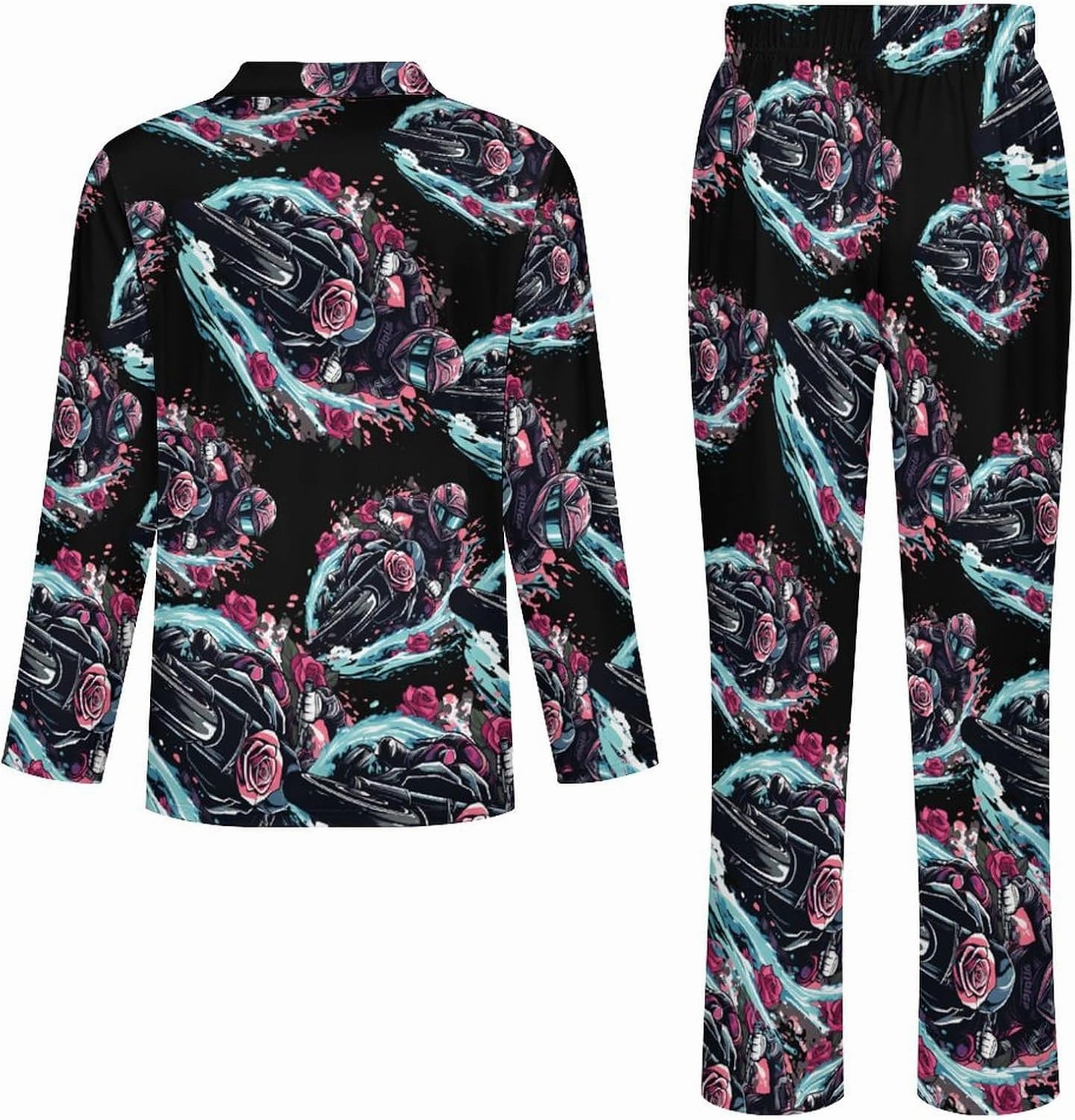 Motorcross Rider Roses Mens Pajamas Set Long Sleeve Sleepwear 2 Piece Button Down Lounge Set