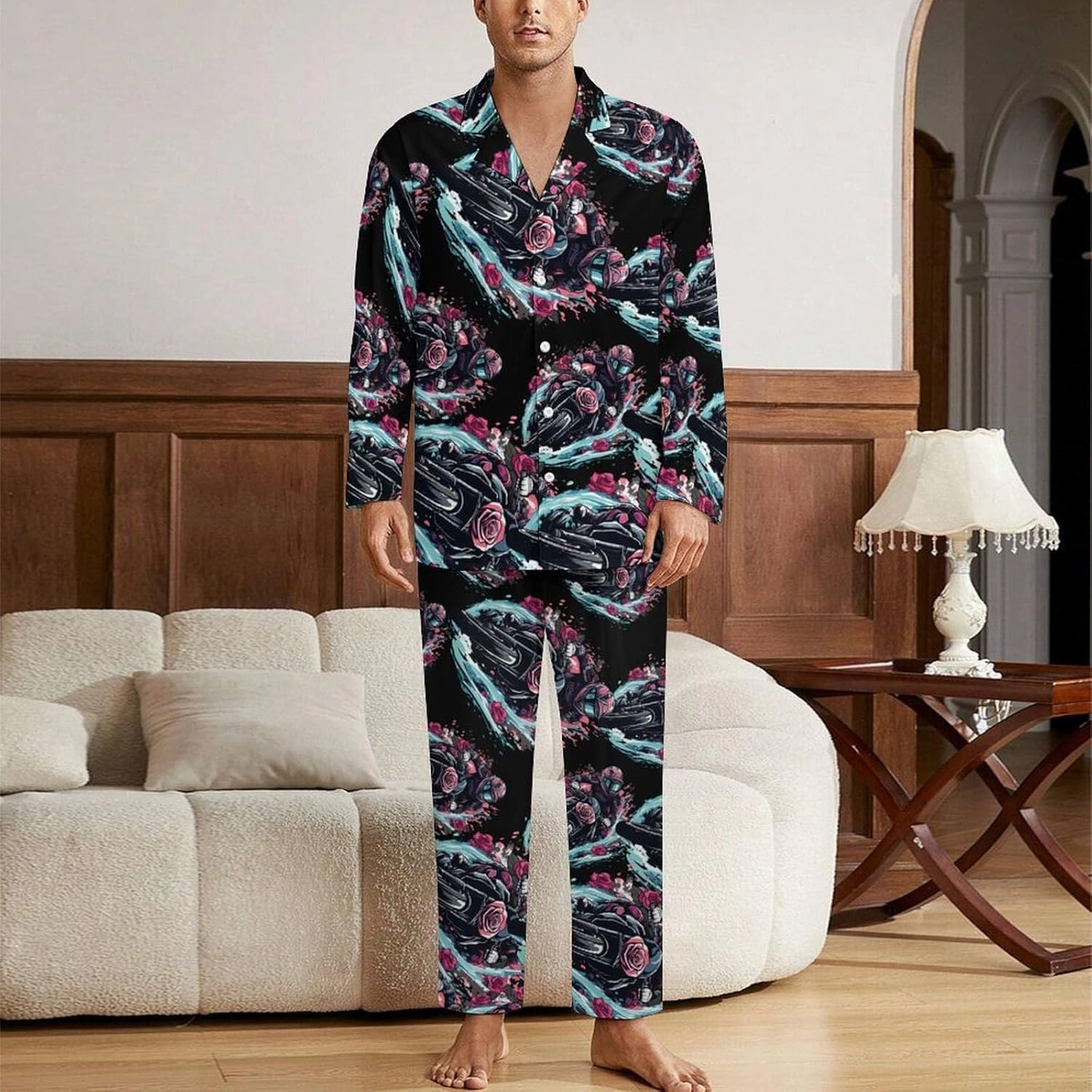 Motorcross Rider Roses Mens Pajamas Set Long Sleeve Sleepwear 2 Piece Button Down Lounge Set