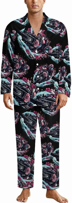 Motorcross Rider Roses Mens Pajamas Set Long Sleeve Sleepwear 2 Piece Button Down Lounge Set