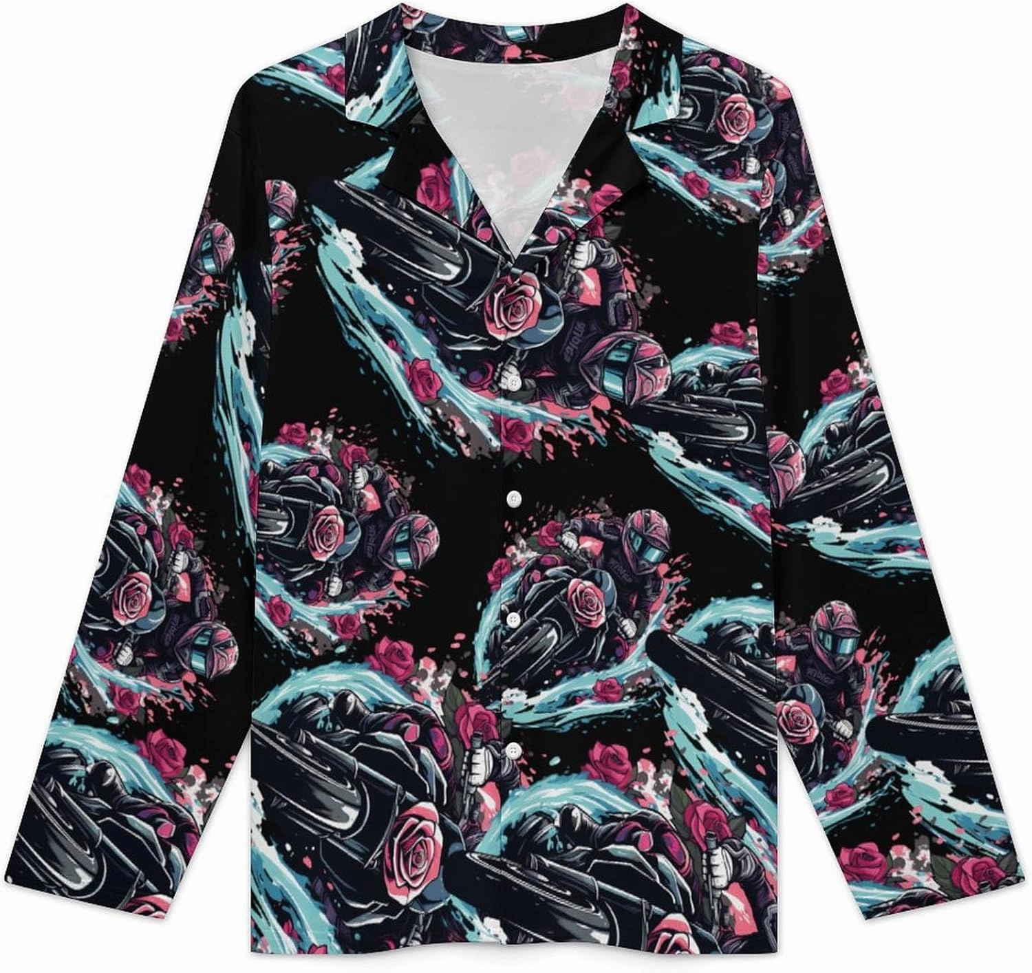 Motorcross Rider Roses Mens Pajamas Set Long Sleeve Sleepwear 2 Piece Button Down Lounge Set