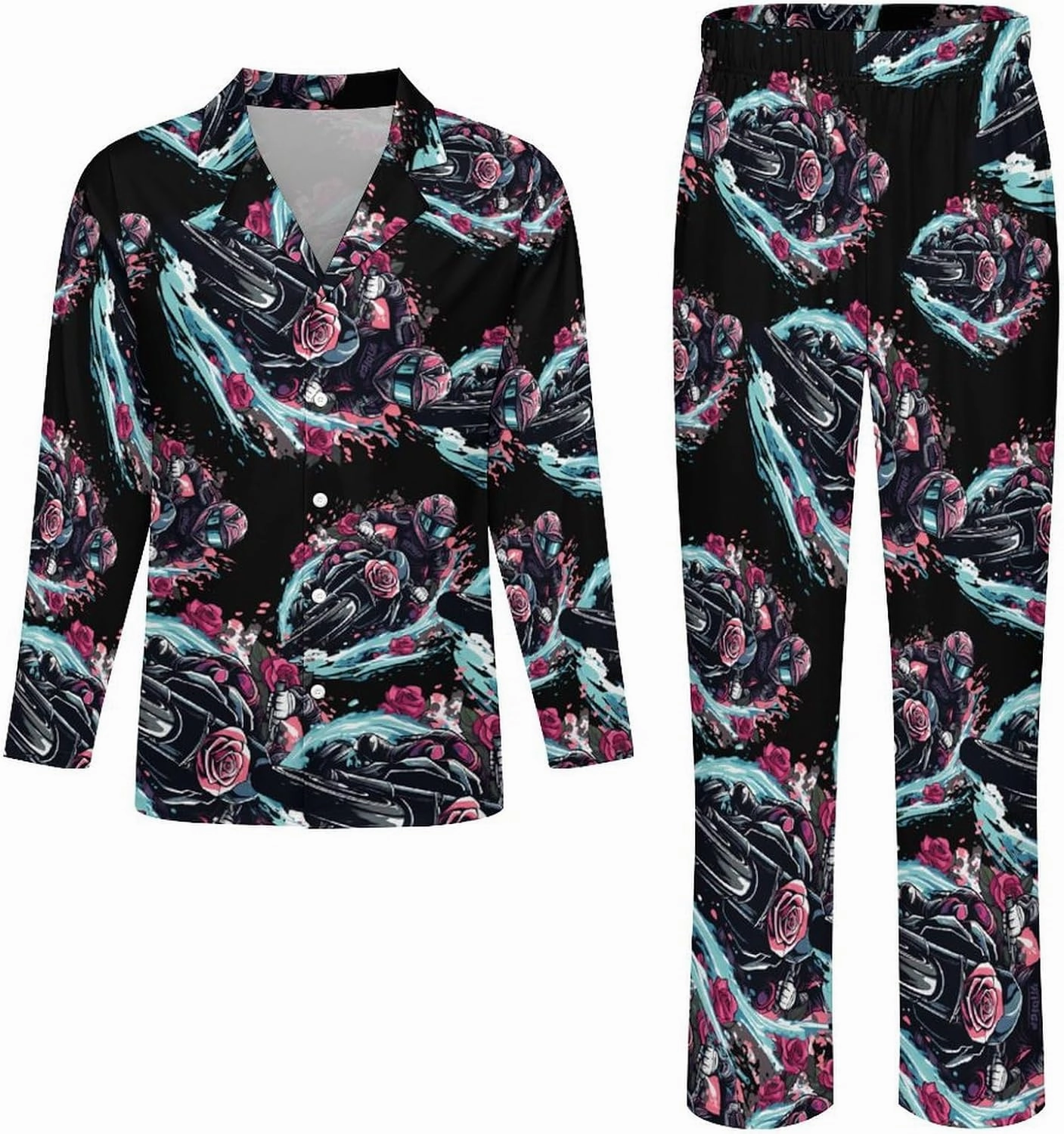 Motorcross Rider Roses Mens Pajamas Set Long Sleeve Sleepwear 2 Piece Button Down Lounge Set