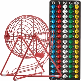 MR CHIPS 11" (Inch) Tall Professional Bingo Set with Steel Cage, Everlasting 7/8” Balls, Master Board for Balls - Lucky Red Color