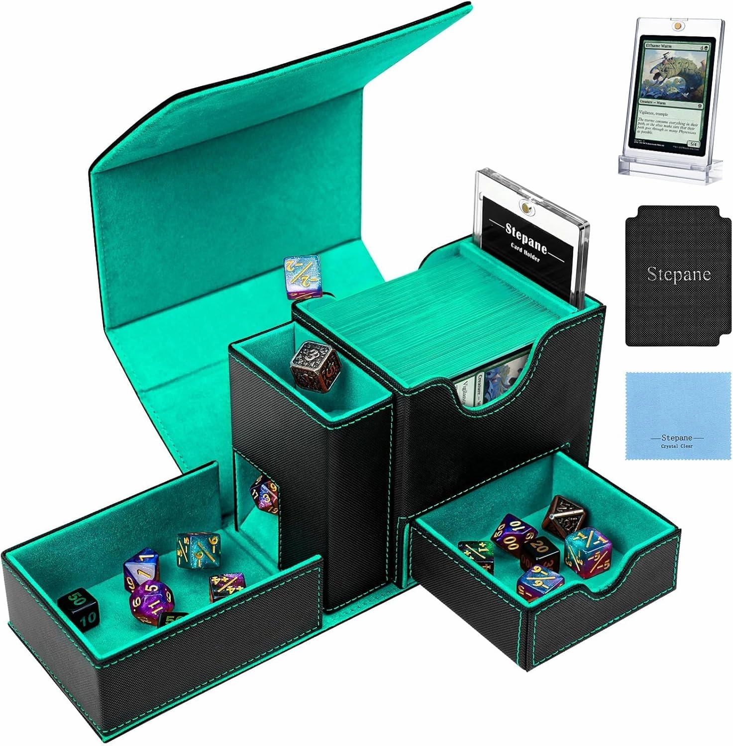 MTG Deck Box, Dice Tray&Tower 2 in 1 MTG Commander Deck Box Fits 120  Single Sleeved Cards, Leather Magnetic Closure Box with Magnetic Card Holders&Base for TCG, CCG, Black/Green