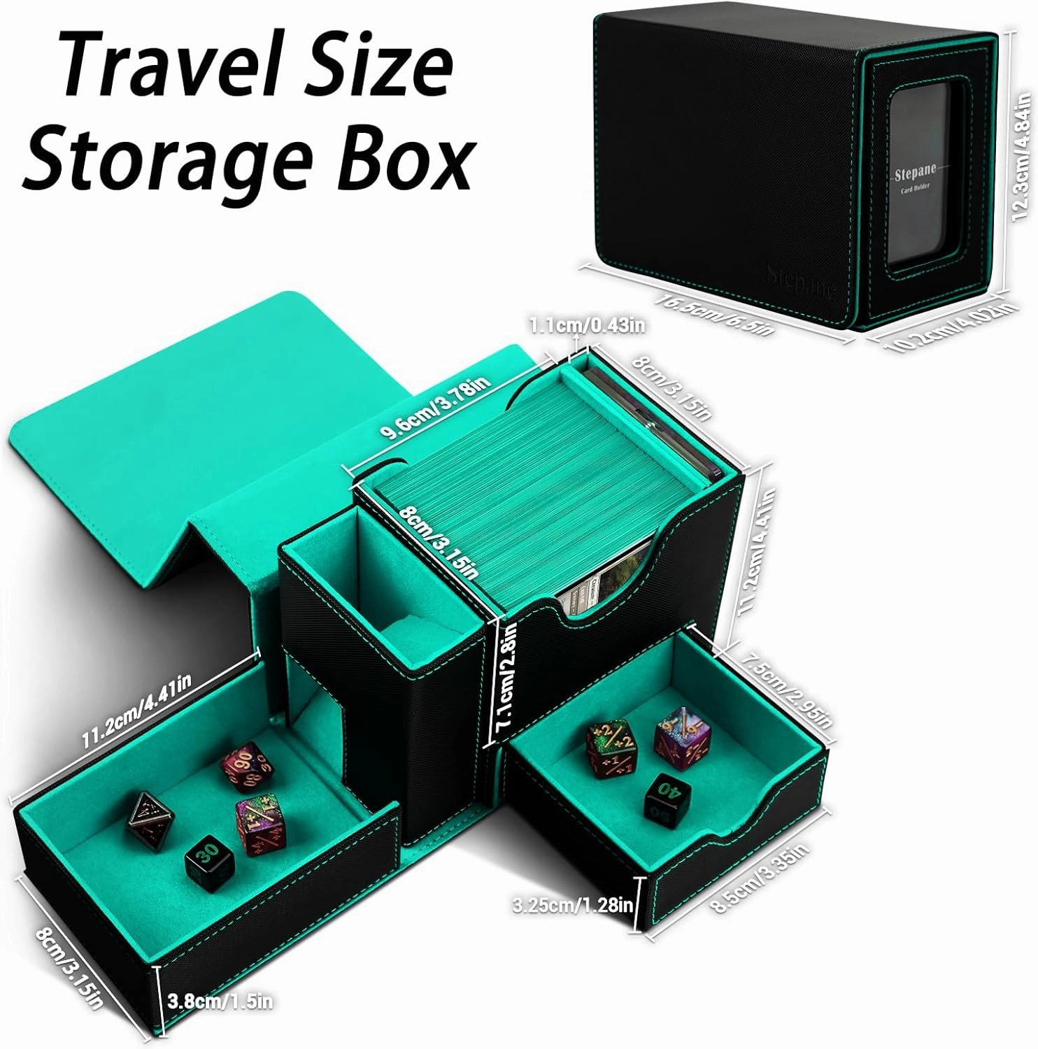 MTG Deck Box, Dice Tray&Tower 2 in 1 MTG Commander Deck Box Fits 120  Single Sleeved Cards, Leather Magnetic Closure Box with Magnetic Card Holders&Base for TCG, CCG, Black/Green