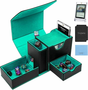 MTG Deck Box, Dice Tray&Tower 2 in 1 MTG Commander Deck Box Fits 120  Single Sleeved Cards, Leather Magnetic Closure Box with Magnetic Card Holders&Base for TCG, CCG, Black/Green