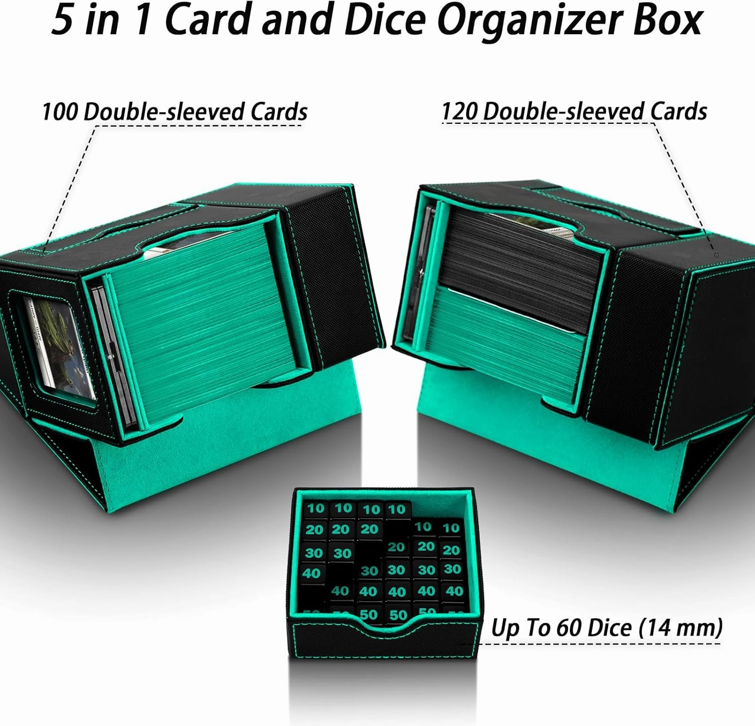 MTG Deck Box, Dice Tray&Tower 2 in 1 MTG Commander Deck Box Fits 120  Single Sleeved Cards, Leather Magnetic Closure Box with Magnetic Card Holders&Base for TCG, CCG, Black/Green