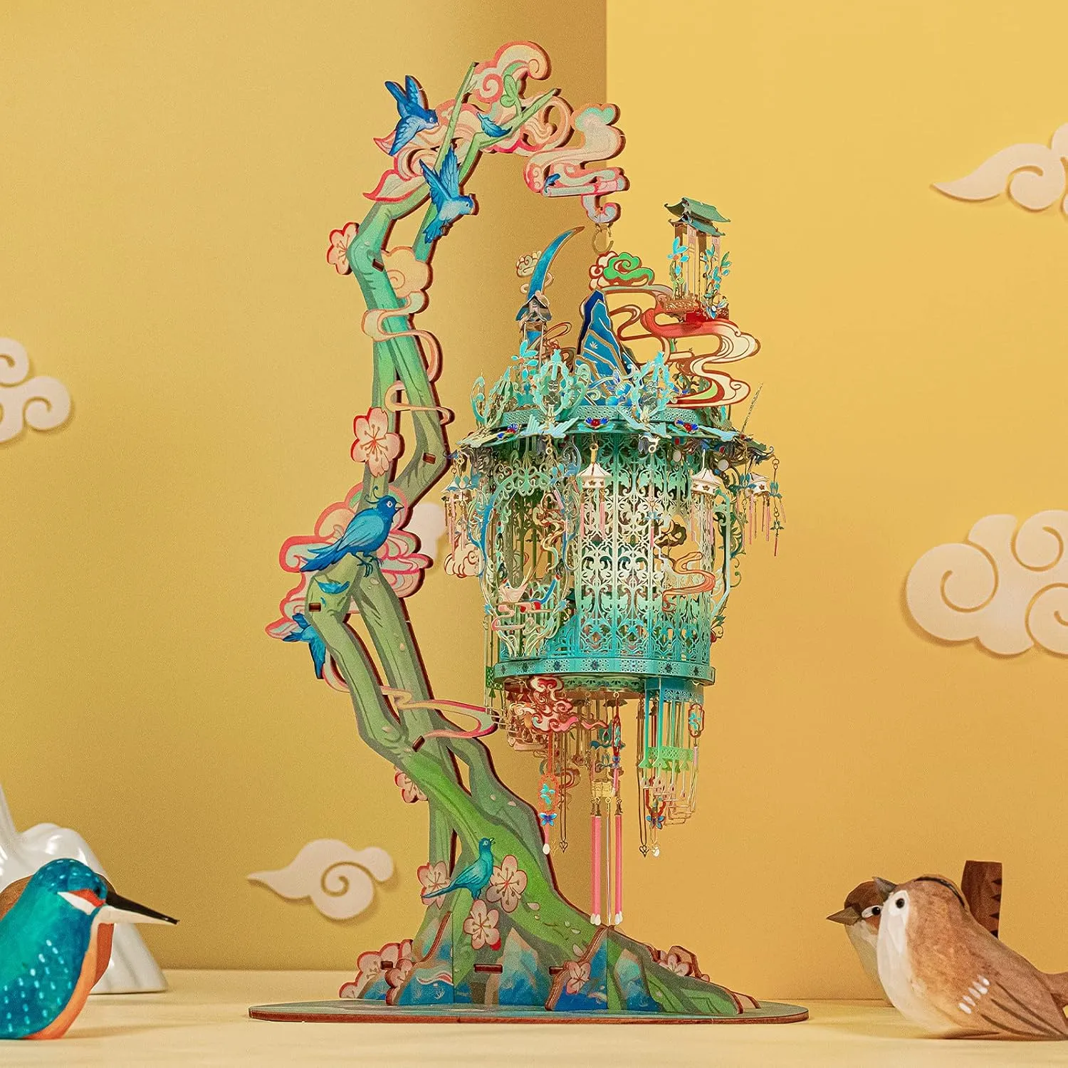 MU 3D Metal Puzzles for Adult Lucky Magpie Palace Chinese Style Birdcage Miniature Building,DIY Metal Model Kits Building Birds and Flower Castle DIY Sets Gift