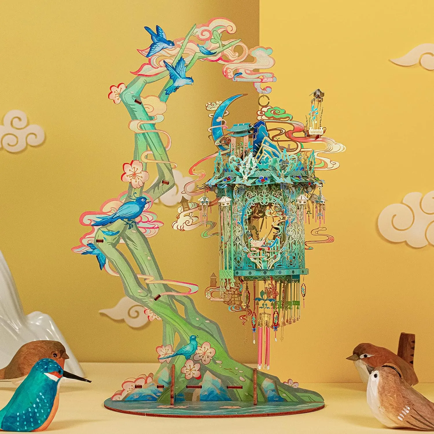 MU 3D Metal Puzzles for Adult Lucky Magpie Palace Chinese Style Birdcage Miniature Building,DIY Metal Model Kits Building Birds and Flower Castle DIY Sets Gift
