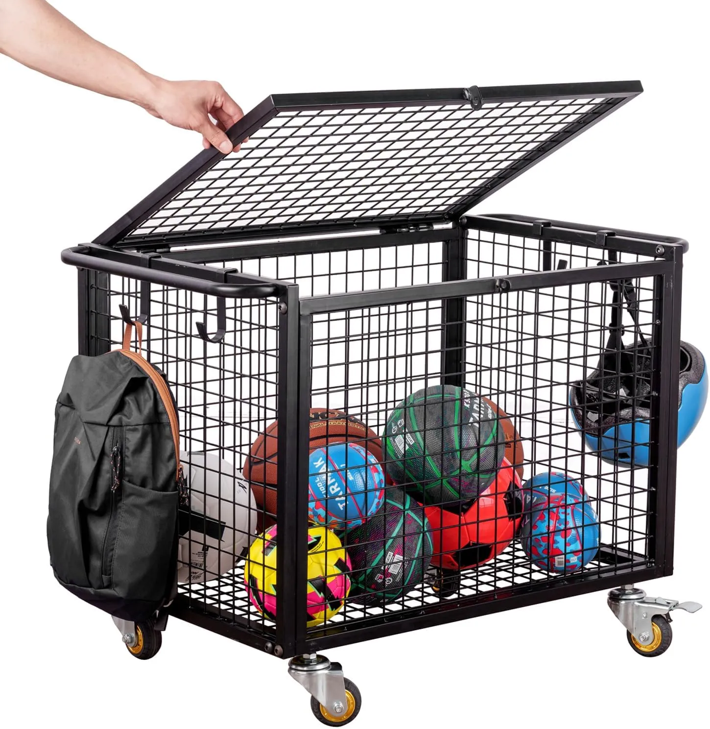 MyGift Black Metal Rolling Sports Ball Storage Cart for Playground, Dodge Ball, Basketball, Soccer Ball Gym Basket Equipment Cart with Lockable Latch, Caster Wheels and 4 Hooks