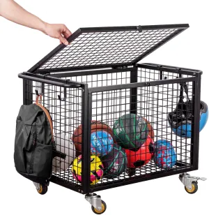 MyGift Black Metal Rolling Sports Ball Storage Cart for Playground, Dodge Ball, Basketball, Soccer Ball Gym Basket Equipment Cart with Lockable Latch, Caster Wheels and 4 Hooks