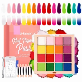 Nail Pigment Powder Palette Set, 16 Colors Ombre Nail Powder Palette with 100pcs Sponges &Grabbing Pen French Aura Nails Ombre Nail Art DIY Accessories Home Salon Art.