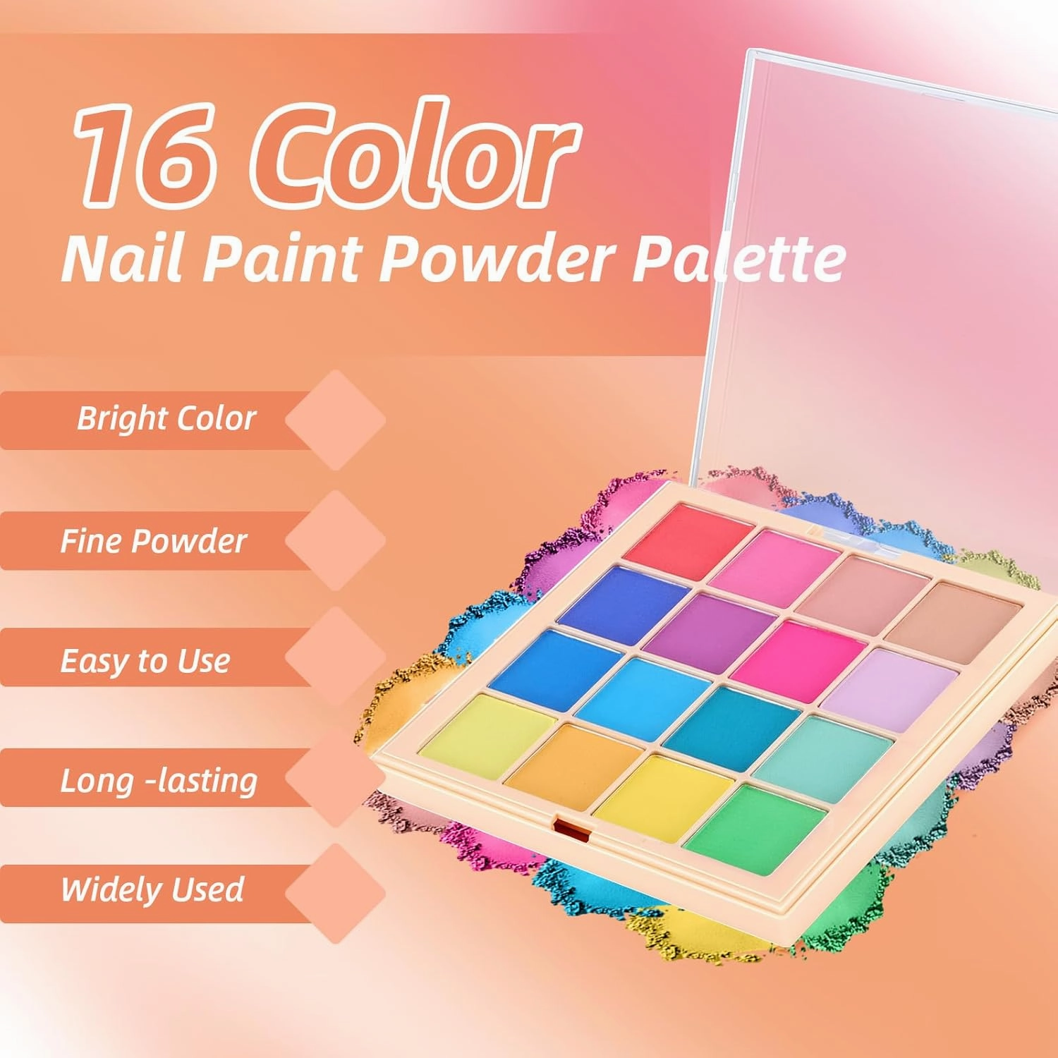 Nail Pigment Powder Palette Set, 16 Colors Ombre Nail Powder Palette with 100pcs Sponges & Tweezers French Aura Nails Ombre Nail Brush Nail Long-lasting Manicure Art DIY Accessories 07 Set