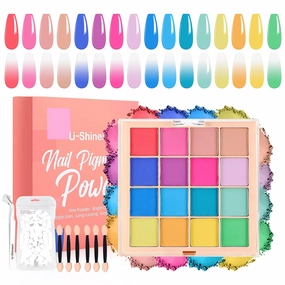 Nail Pigment Powder Palette Set, 16 Colors Ombre Nail Powder Palette with 100pcs Sponges & Tweezers French Aura Nails Ombre Nail Brush Nail Long-lasting Manicure Art DIY Accessories 07 Set