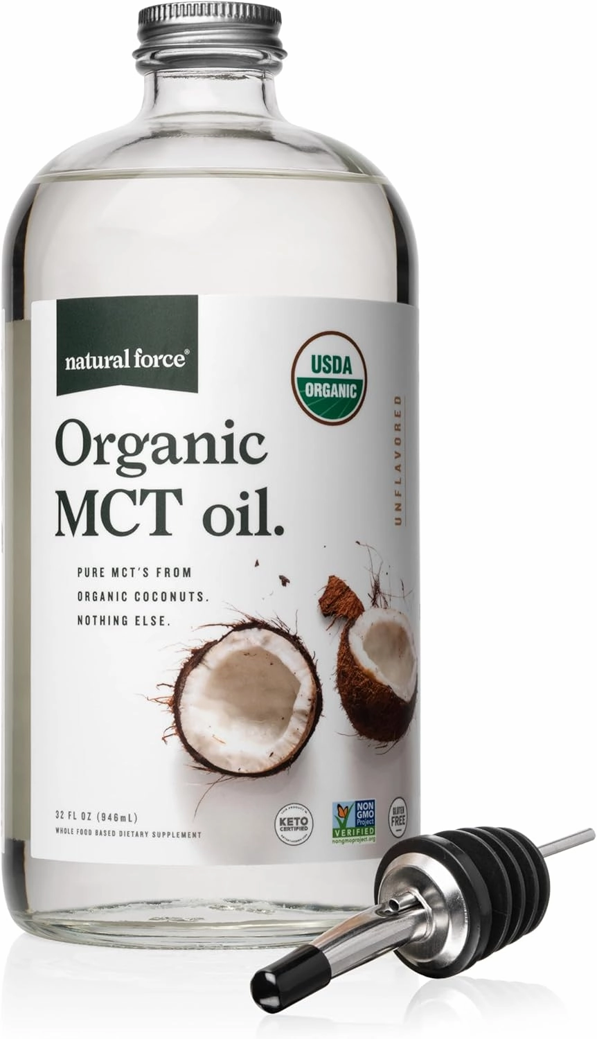 Natural Force Organic MCT Oil – Pure Glass Bottle – Made from 100% Cold Pressed Virgin Coconut Oil   Certified Keto, Paleo, Kosher, Vegan & Non-GMO – Lab Tested for Quality and Purity - 32 Ounce
