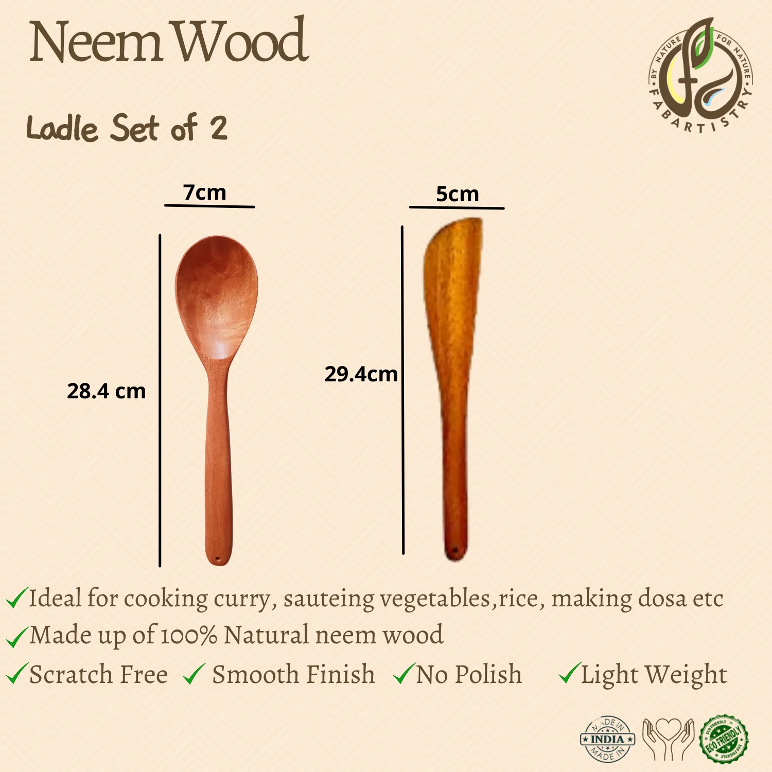 Neem Wood Ladles Set Of 2(Vegetables and Saute)