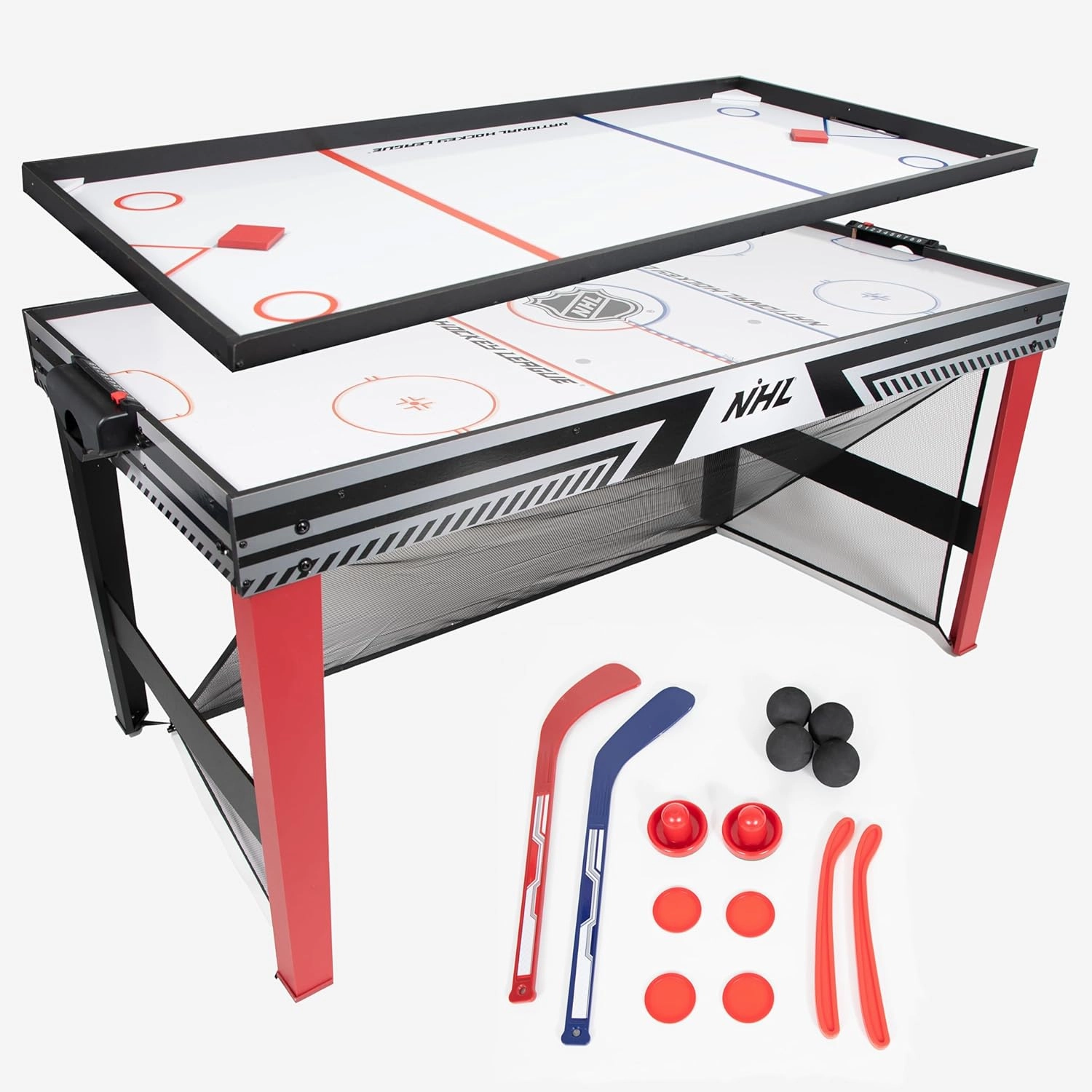 NHL 60" Hat Trick 3-in-1 Hockey Table - Air Hockey, Knock Hockey, and Knee Hockey - Air Powered Surface - 60" Indoor Hockey Net - Includes All Accessories