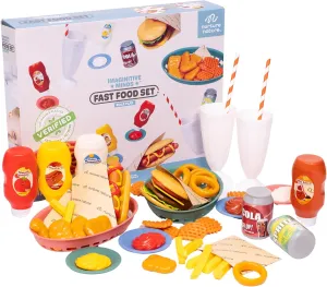 NurtureNature: Imaginative Minds - Fast Food Set - 56pc Toy Food, Burger, Fries, Hot Dog, Soda, Condiments, Kitchen Pretend Play Accessories, Kids 3 