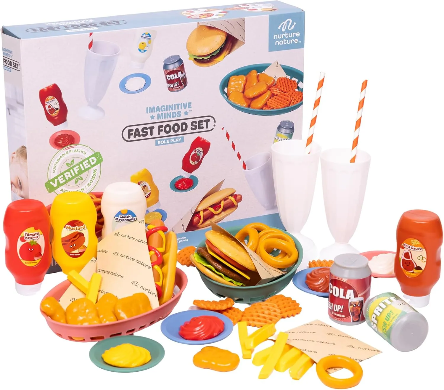 NurtureNature: Imaginative Minds - Fast Food Set - 56pc Toy Food, Burger, Fries, Hot Dog, Soda, Condiments, Kitchen Pretend Play Accessories, Kids 3 