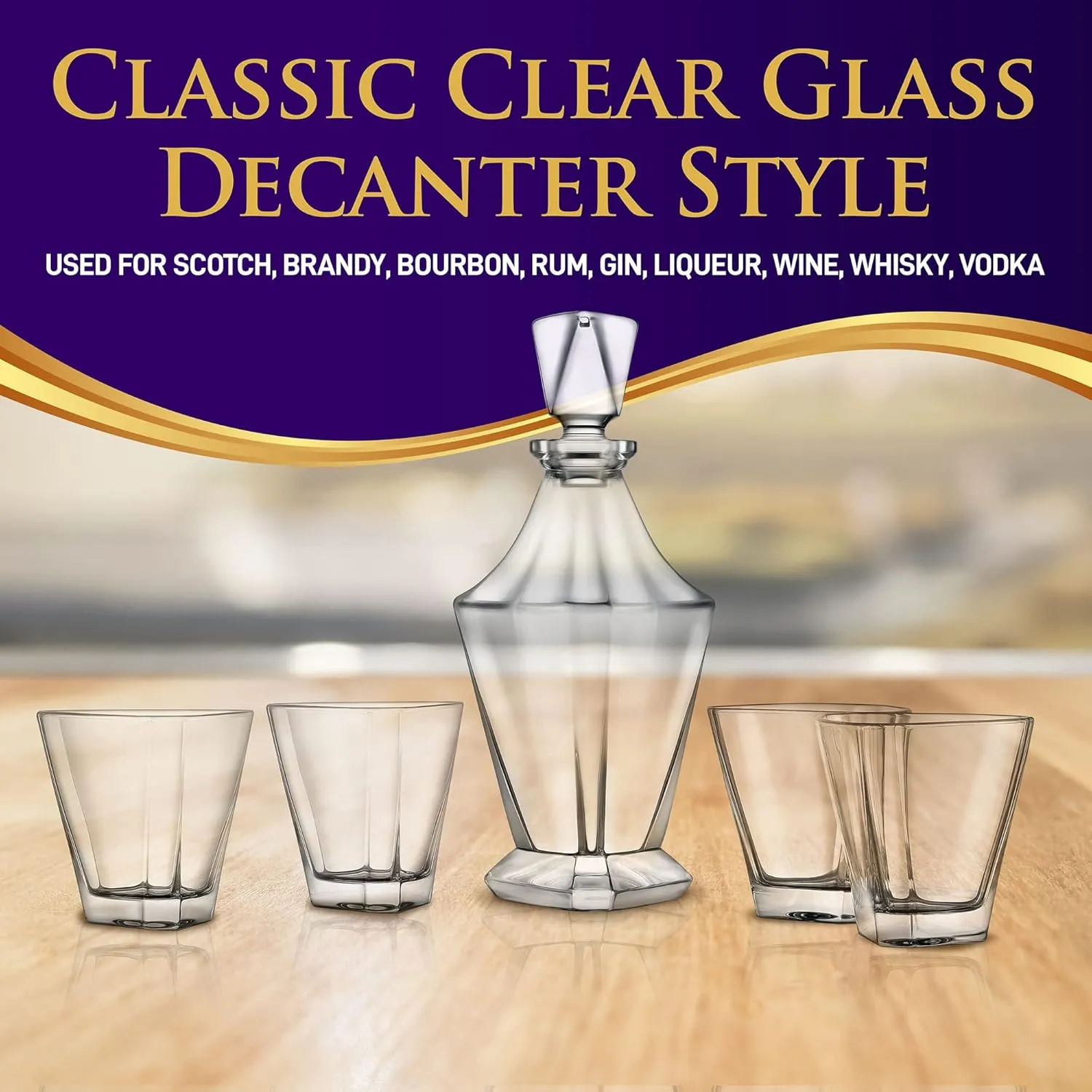 Nutrichef Whiskey Decanter Set, 850ml Decanter with Stopper, 300ml 4 Whiskey Glasses, Easy to Clean, Enhances Flavor, BPA-Free, Luxury Gift For Men, Elegant Design for House Warming Gifts New Home