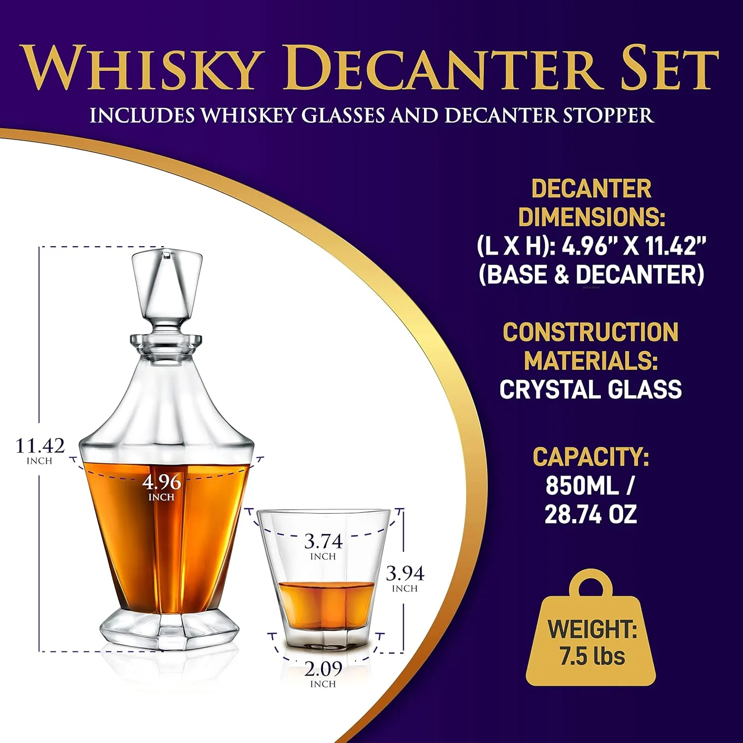 Nutrichef Whiskey Decanter Set, 850ml Decanter with Stopper, 300ml 4 Whiskey Glasses, Easy to Clean, Enhances Flavor, BPA-Free, Luxury Gift For Men, Elegant Design for House Warming Gifts New Home