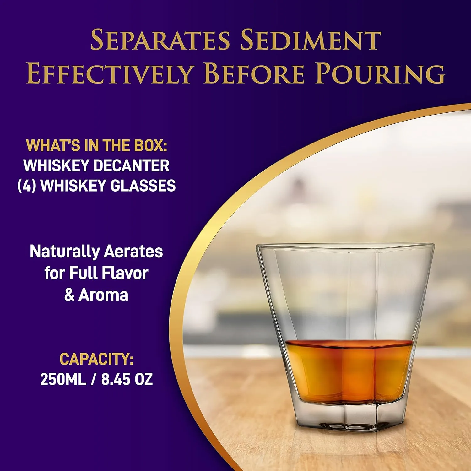 Nutrichef Whiskey Decanter Set, 850ml Decanter with Stopper, 300ml 4 Whiskey Glasses, Easy to Clean, Enhances Flavor, BPA-Free, Luxury Gift For Men, Elegant Design for House Warming Gifts New Home