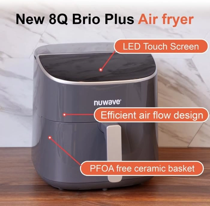 Nuwave 8QT Brio Air Fryer Plus Cool Gray, Digital LED Touch Screen with Cool White Display, 50°F~400°F in Precise 5°, 3 Wattage Alternatives, 5 Cook Functions, 50 Memory, PFAS Free, New & Improved