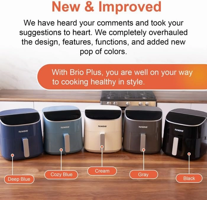 Nuwave 8QT Brio Air Fryer Plus Cool Gray, Digital LED Touch Screen with Cool White Display, 50°F~400°F in Precise 5°, 3 Wattage Alternatives, 5 Cook Functions, 50 Memory, PFAS Free, New & Improved