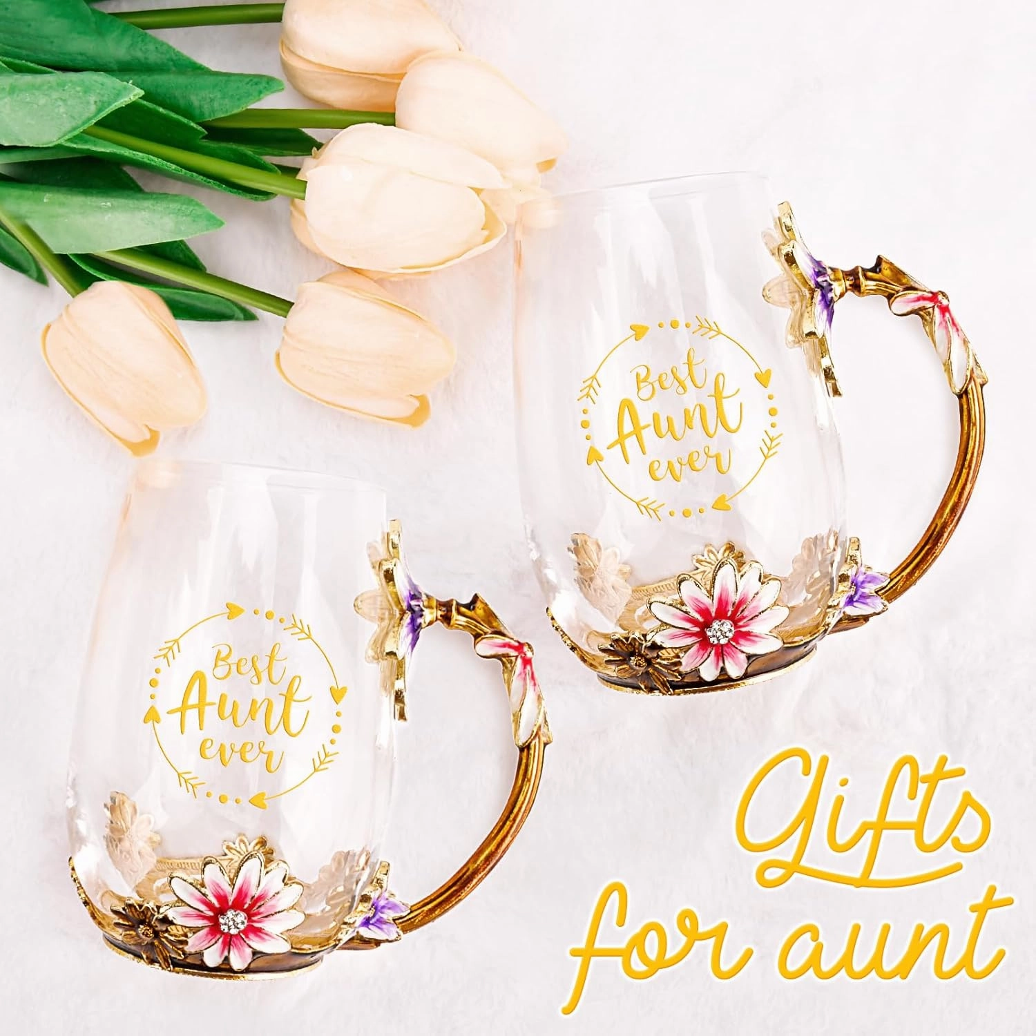 OEAGO Gifts for Aunt from Niece Nephew Tea Cup Cool Birthday Gift Enamel Flower Glass Mugs Christmas Mothers Day New Aunt Announcement Promoted