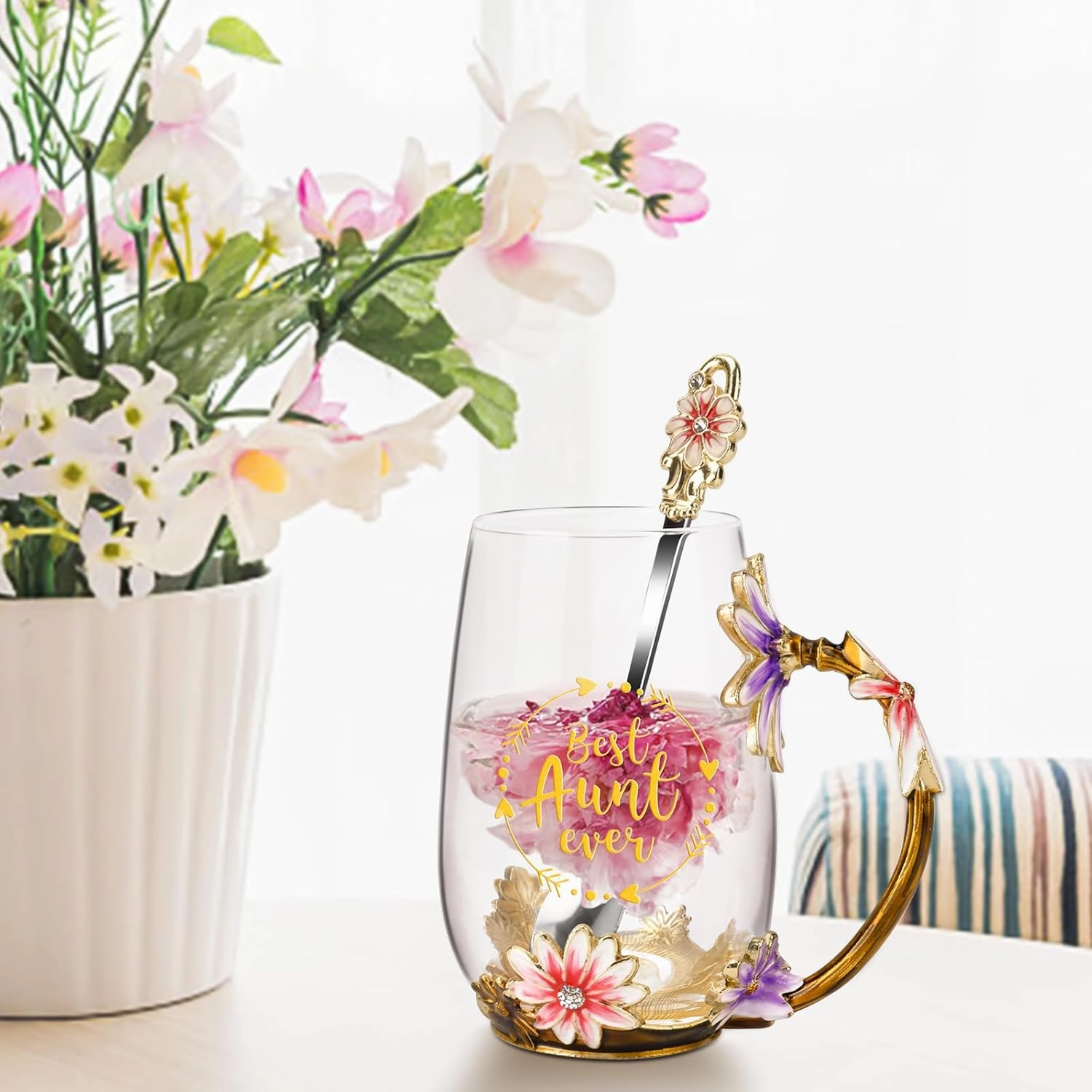 OEAGO Gifts for Aunt from Niece Nephew Tea Cup Cool Birthday Gift Enamel Flower Glass Mugs Christmas Mothers Day New Aunt Announcement Promoted