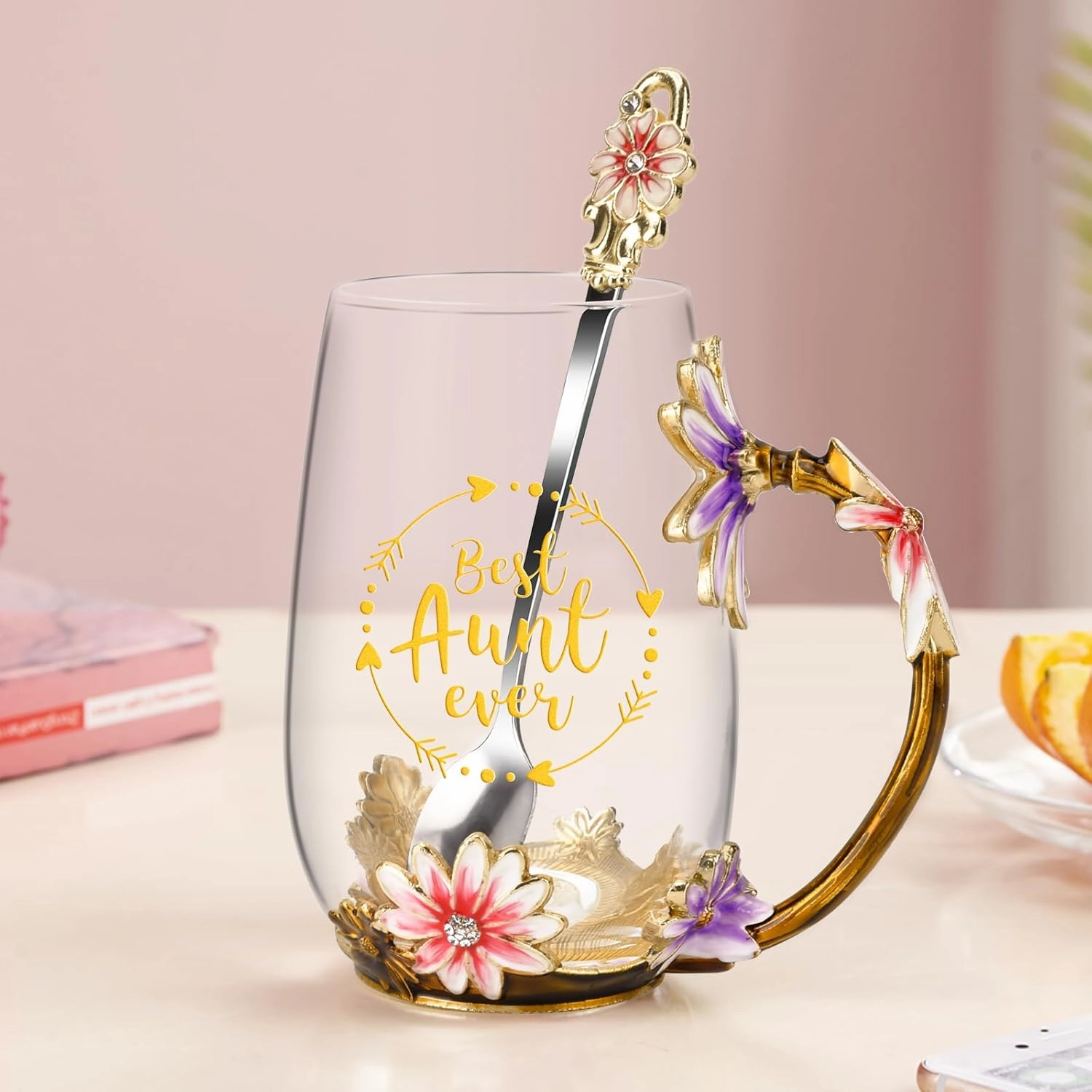 OEAGO Gifts for Aunt from Niece Nephew Tea Cup Cool Birthday Gift Enamel Flower Glass Mugs Christmas Mothers Day New Aunt Announcement Promoted