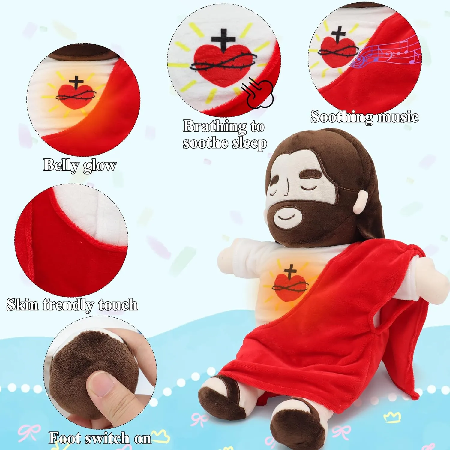 Officially Jesus Plush Breathing Soothing Stuffed Animal Heart of Jesus Toy Savior Doll for Church Sunday School Religious Easter Gift for Kids (Red)