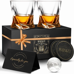 Old Fashioned Whiskey Glasses - 11 Oz Crystal Whiskey Glasses Set with 2 Ice Ball Molds and Coasters, Bourbon Glasses for Men Dad Husband Birthday Father's Day Groomsmen Gifts