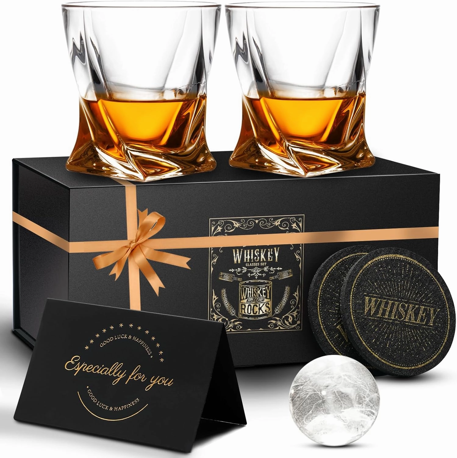 Old Fashioned Whiskey Glasses - 11 Oz Crystal Whiskey Glasses Set with 2 Ice Ball Molds and Coasters, Bourbon Glasses for Men Dad Husband Birthday Father's Day Groomsmen Gifts