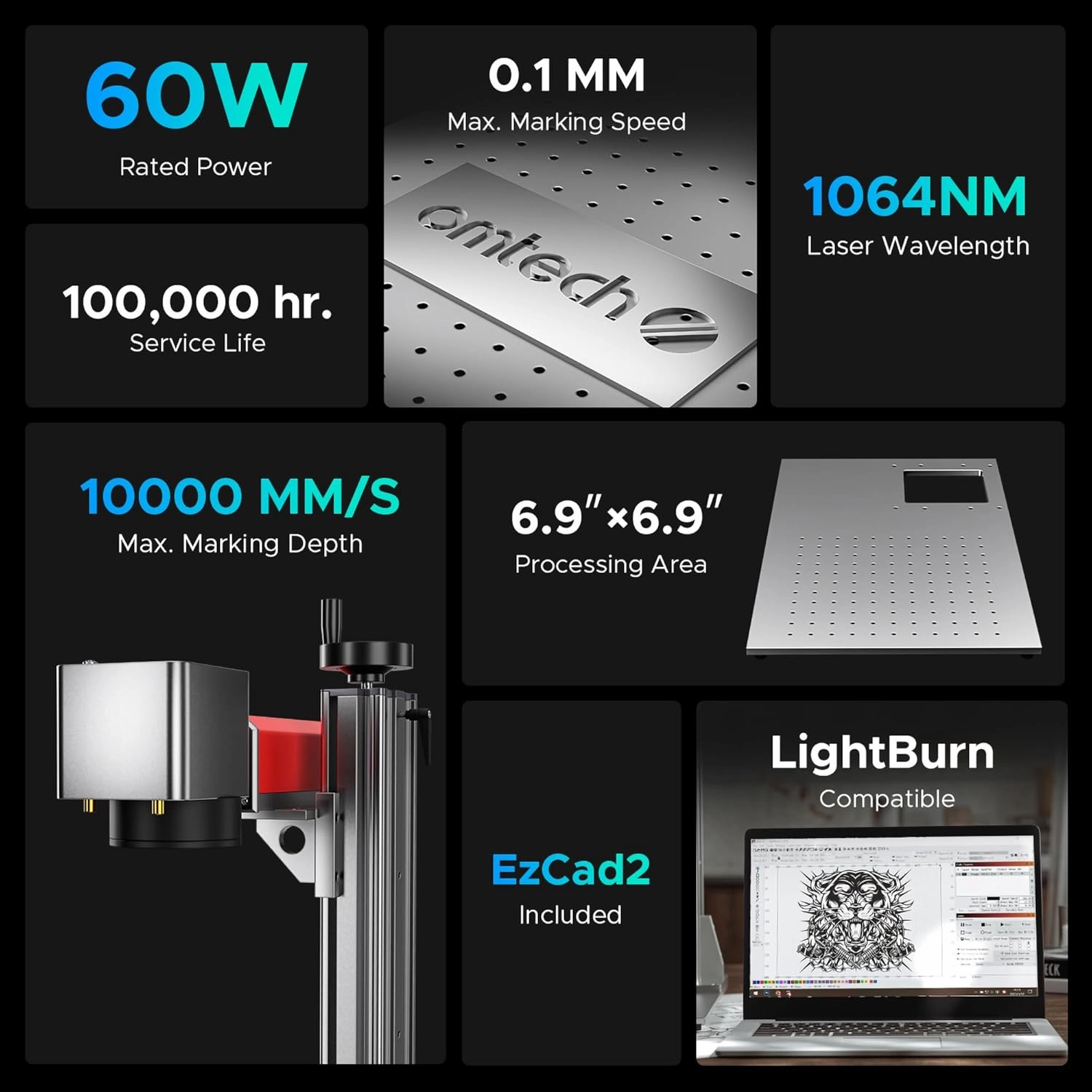 OMTech 60W Fiber Laser Marking Machine, LightBurn Compatible MOPA Laser Engraver with Red Dot Guide for Metal Color Marking, 7x7 Solid State Laser Etching Machine for Aluminum Steel Gold Jewelry More