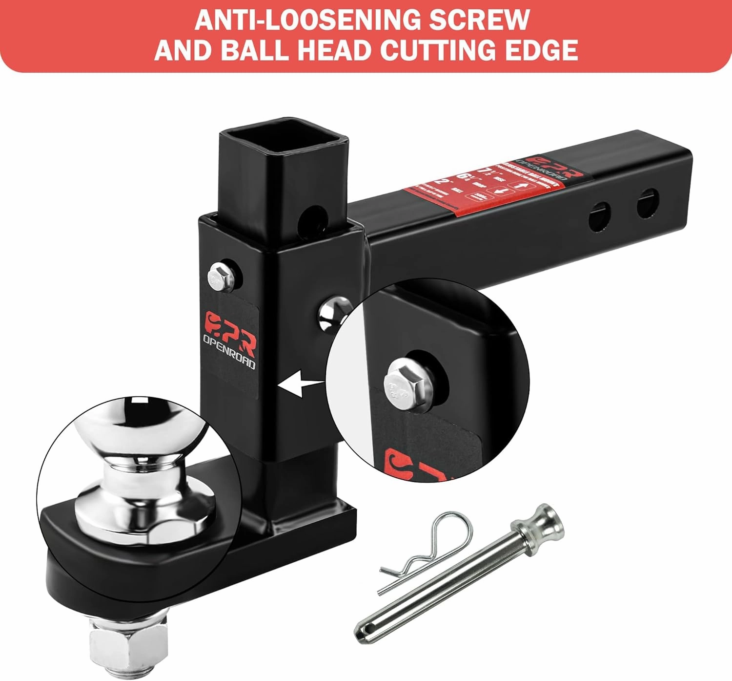 OPENROAD Adjustable Trailer Hitch Ball Mount Fits 2-Inch Receiver, 2’’ Ball 7500LBS, 7 1/2" Drop/ 6 1/4" Rise Drop Hitch, Hitch for Heavy Duty Truck with Stainless Steel Pins