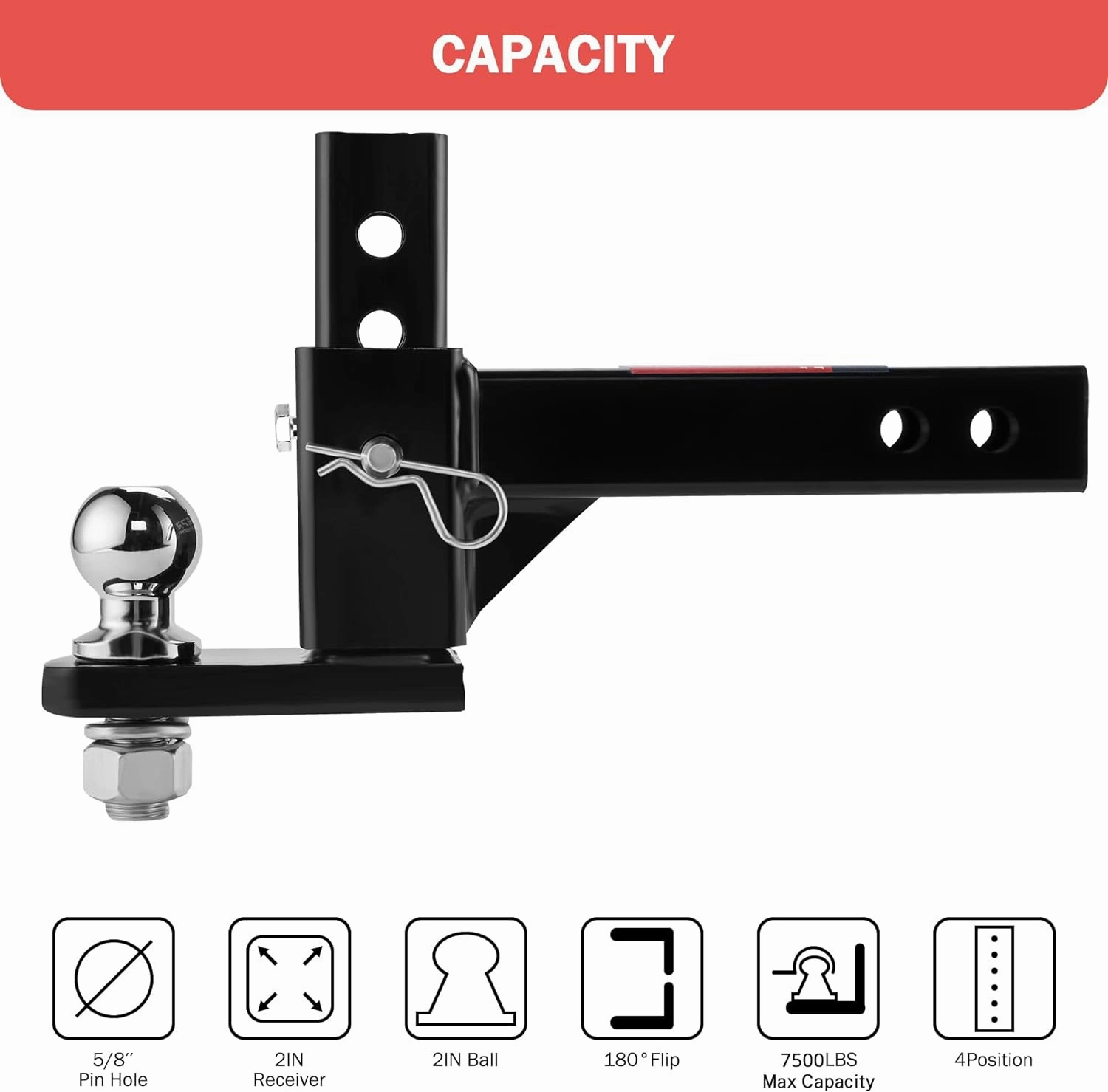 OPENROAD Adjustable Trailer Hitch Ball Mount Fits 2-Inch Receiver, 2’’ Ball 7500LBS, 7 1/2" Drop/ 6 1/4" Rise Drop Hitch, Hitch for Heavy Duty Truck with Stainless Steel Pins
